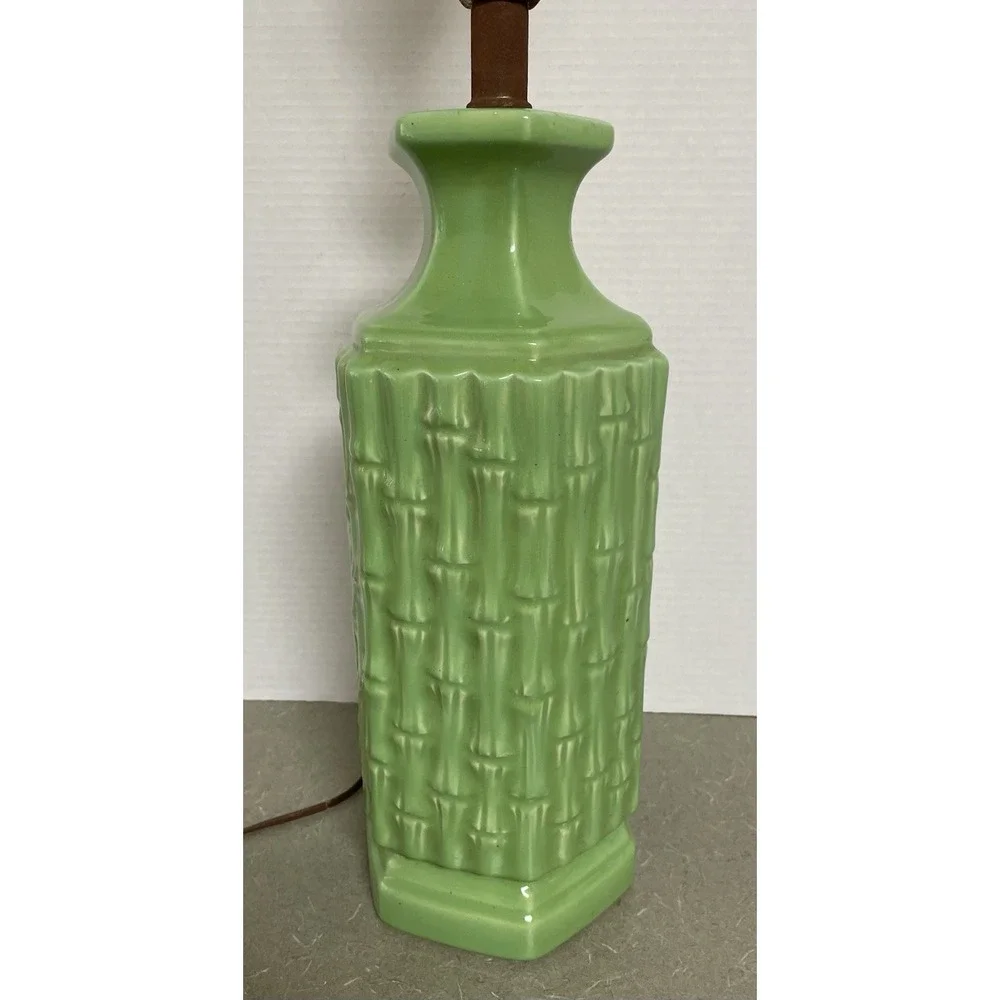 Vtg Green Faux Bamboo Ceramic Lamp‎ 60s MCM Hollywood Regency No Shade